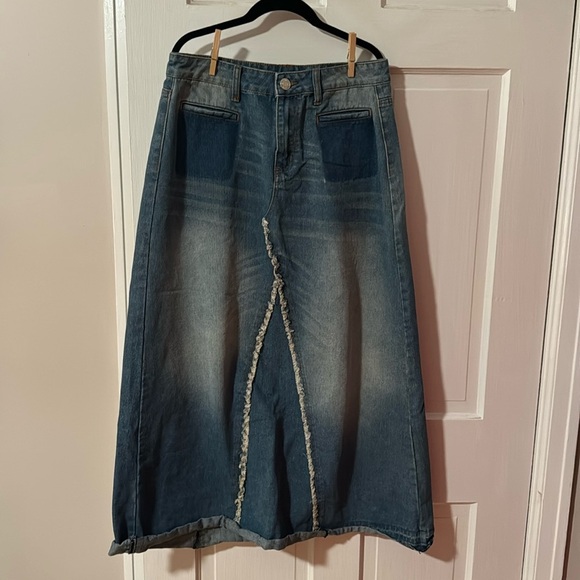 COPY - Be Girl Long Denim Skirt Boho Maxi Distressed Size Medium - Picture 1 of 10